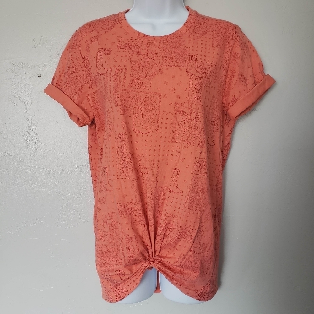 American Highway Medium Coral Orange Short Sleeve T-shirt Graphic Tee Cowgirl